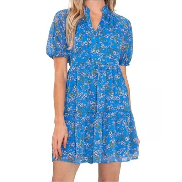 CeCe Dresses & Skirts - CeCe Women's Blue Floral Print Baby Doll Mini Dress Size M